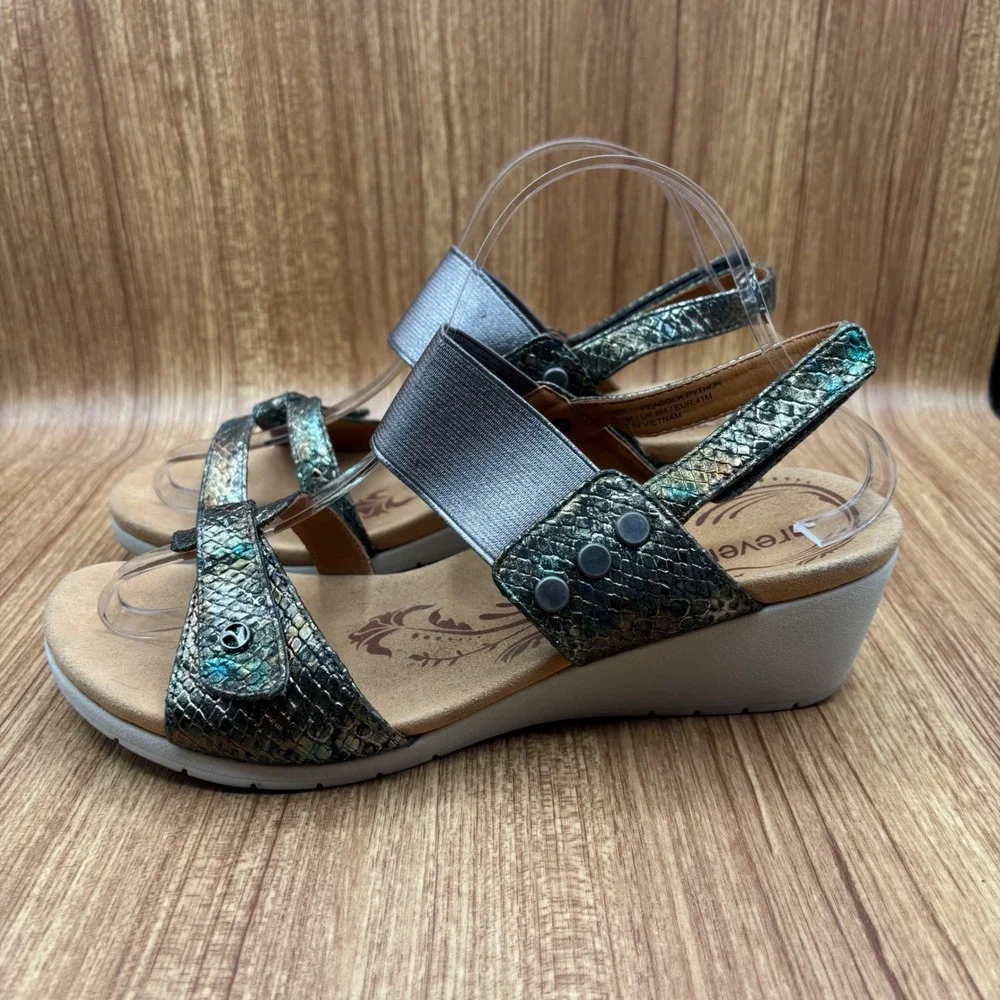Revere Tahiti Wedge Sandals Peacock Python Womens 10 Metallic Leather Orthopedic